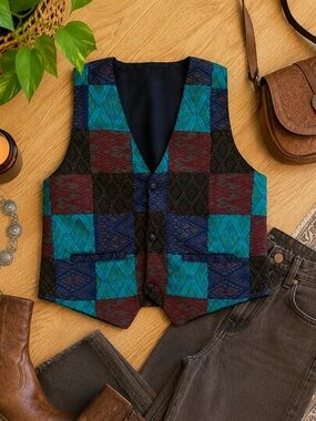 Vintage Patchwork Tapestry Vest | 90s Y2K Boho Southwestern Button Front